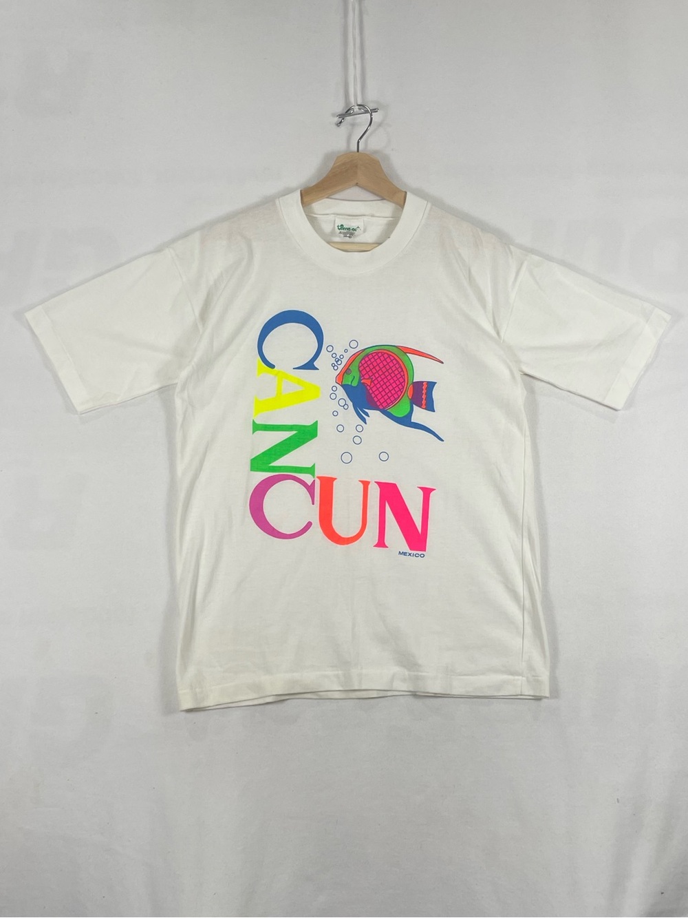 Vintage White Cancun Graphic Tee with Neon Fish Print